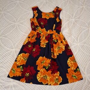 Ellen Tracy Women Size 4 Floral Navy Blue‎ Sleeveless A-Line Dress